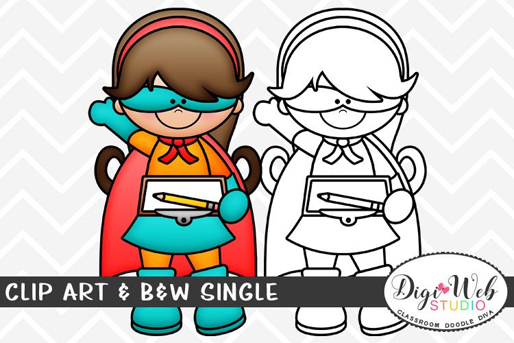 Clip Art & B&W Single - Superhero Girl w/ Pencil & Clipboard example image 1
