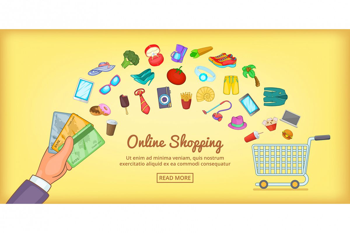 Online Shopping Banner Horizontal Cartoon Style Design Bundles