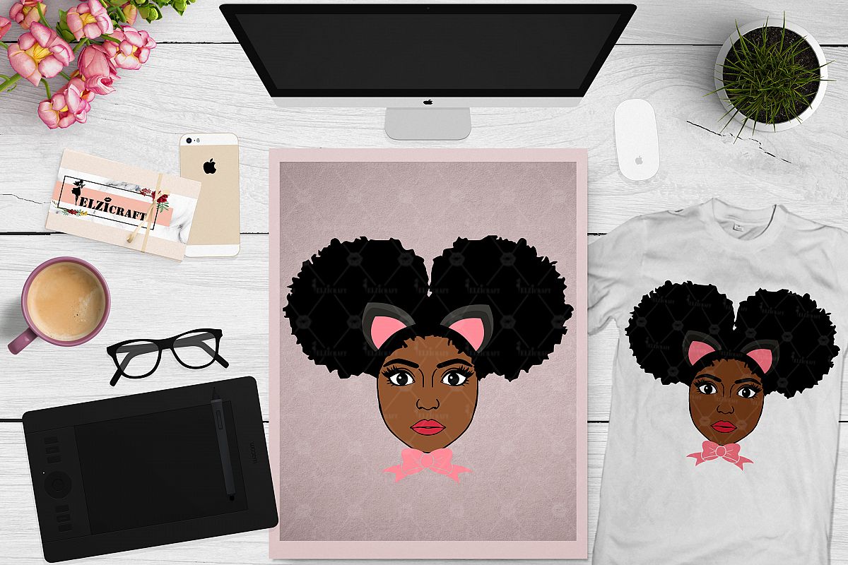 Afro Girl, Afro Puff, Kitten, Kitty, Bow Tie SVG Cut File example image 1