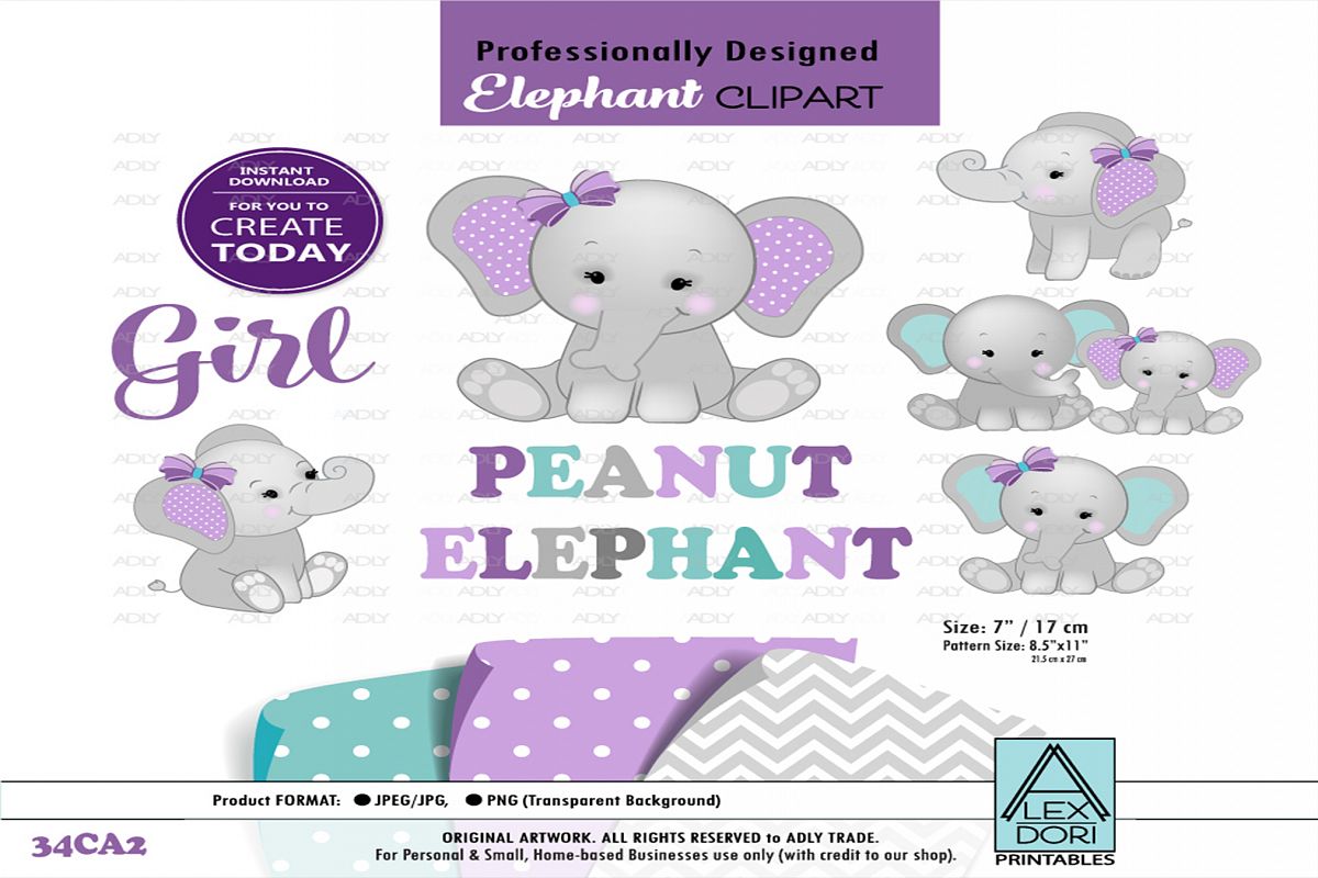 Elephant Mommy and Little Peanut with Purple Bow,Clip Art example image 1