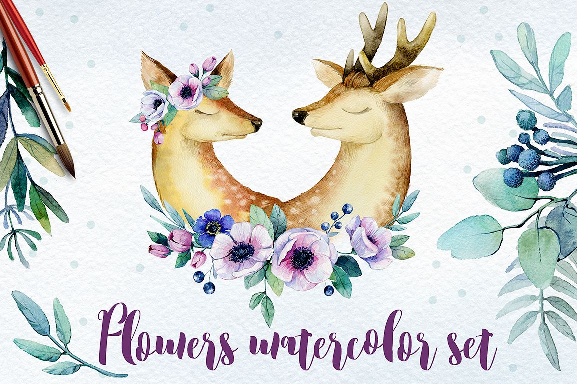 Flowers watercolor set example image 1
