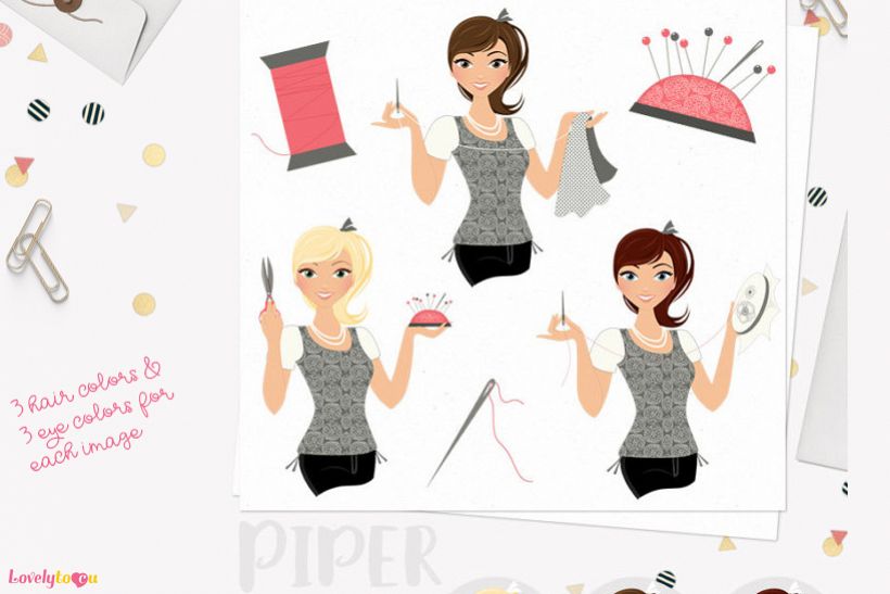 Woman sewing character clip art L167 Piper example image 1