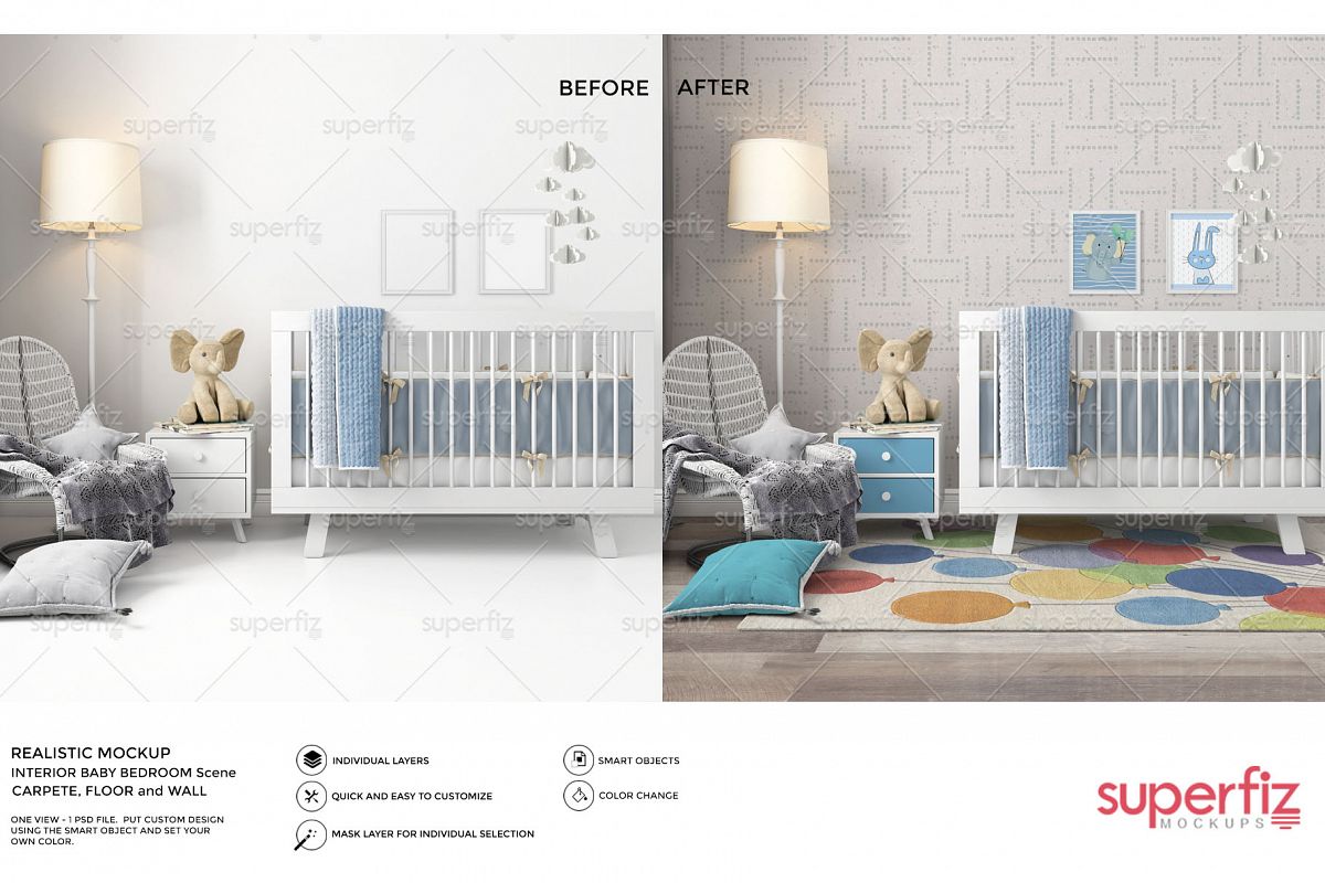 Wallpaper, floor, carpet and frame Mockup Baby Bedroom SM60 example image 1