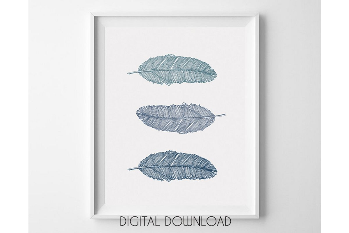 Blue Feather Prints, Bohemian Wall Art Blue, Nursery Poster example image 1