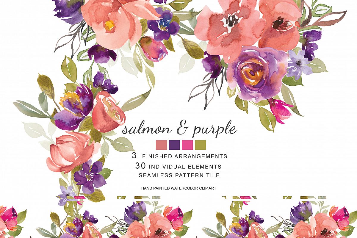 Watercolor Salmon And Purple Flowers Clip Art