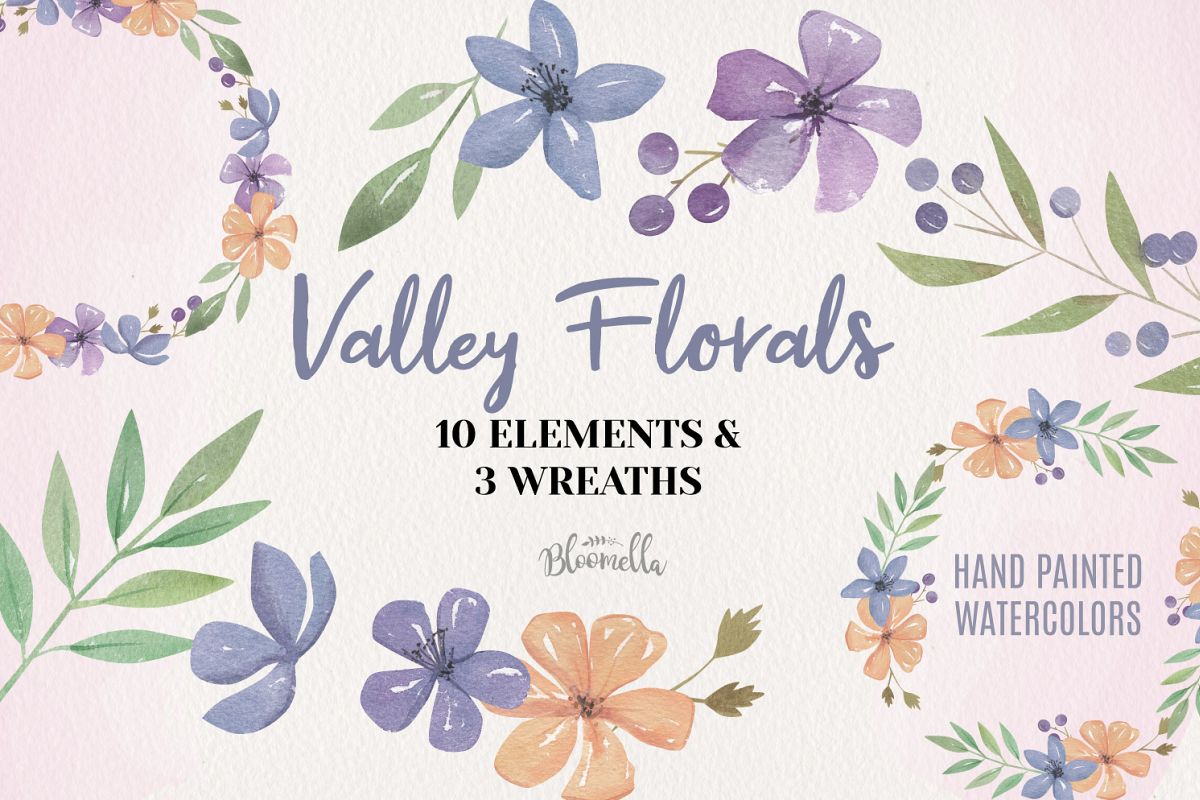 Valley Floral Watercolor Elements & Wreaths example image 1