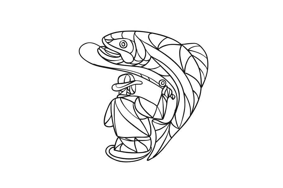 Fly Fisherman Catching Trout Mosaic Black and White example image 1