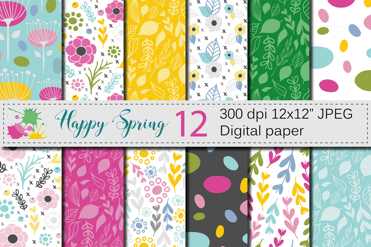 Seamless Bright Spring Digital Paper / Hand Drawn Flowers, Leaves, Foliage Seamless Pattern / Spring backgrounds example image 1
