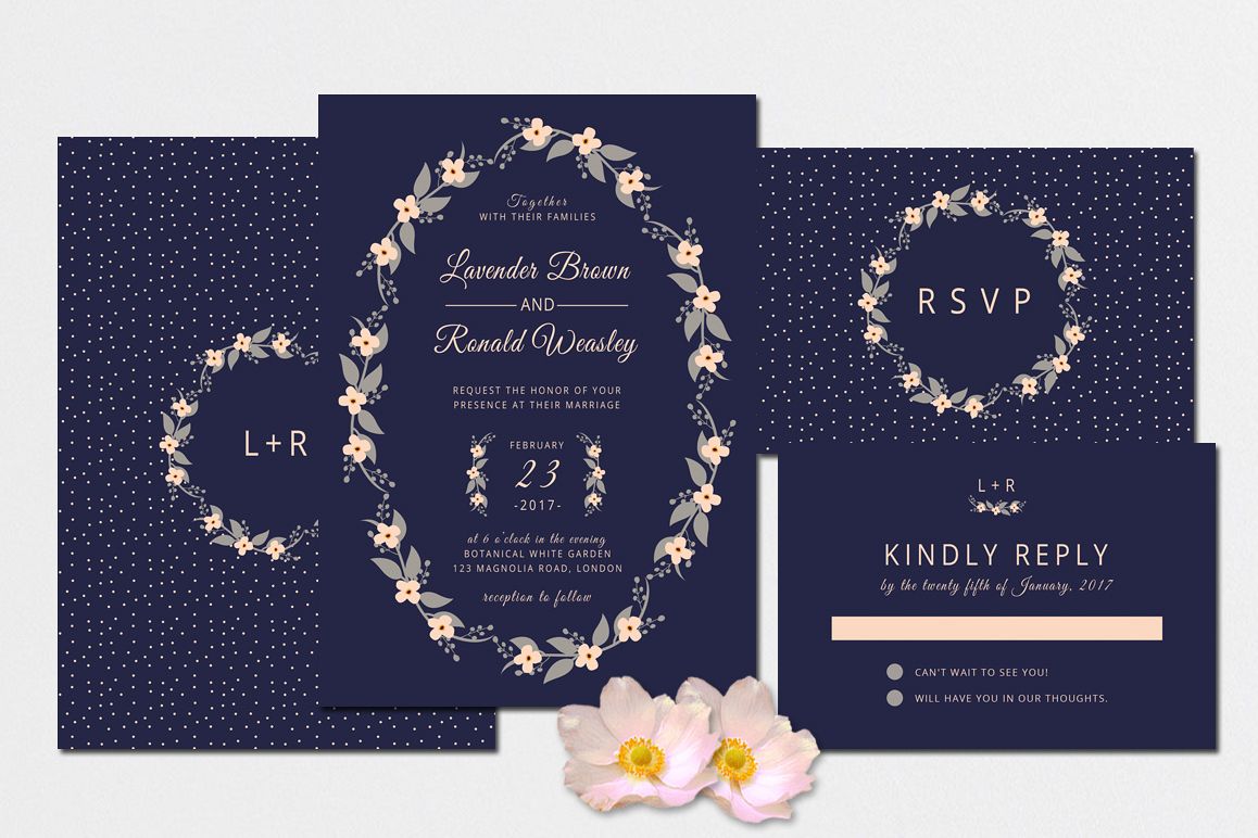 Floral Wreath Wedding Invitation + RSVP example image 1