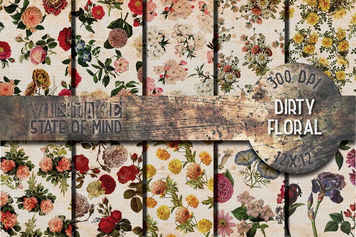 Dirty Floral Digital Papers example image 1