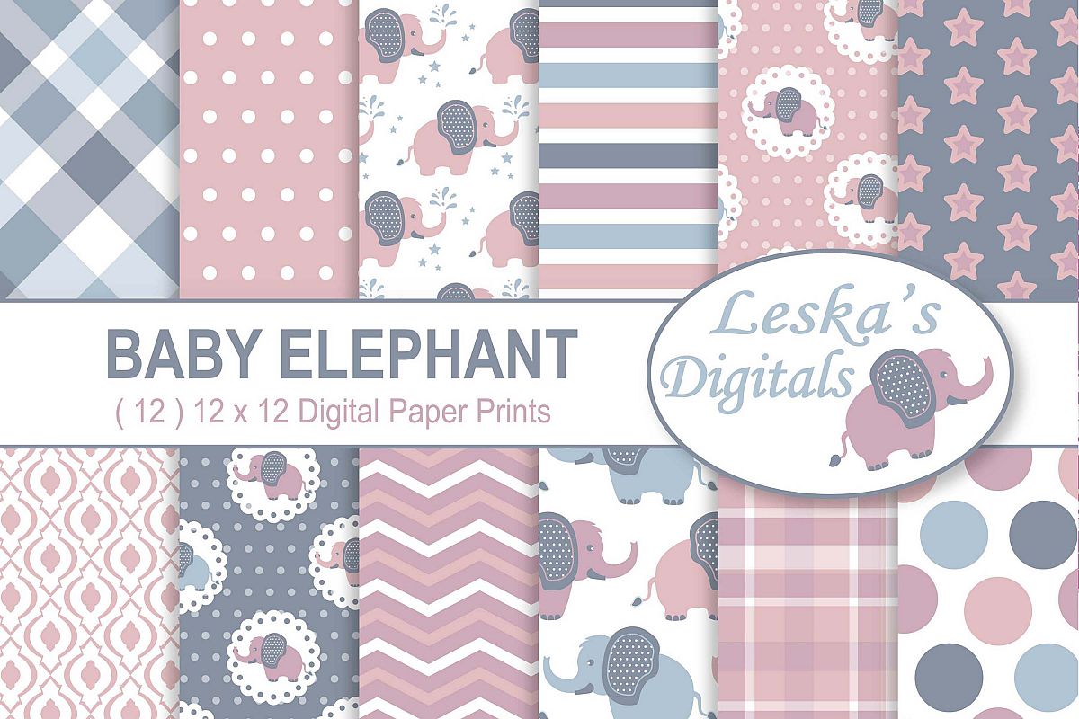 Baby Elephant Digital Paper Patterns - Pink example image 1
