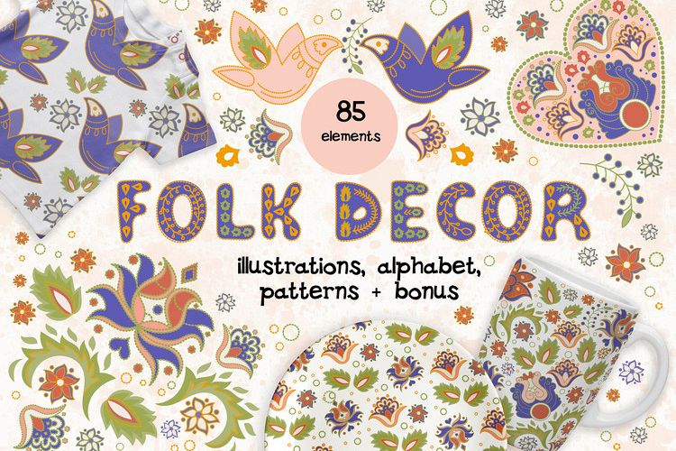 FOLK DECOR Vector Illustration Alphabet Seamless Pattern Set example image 1