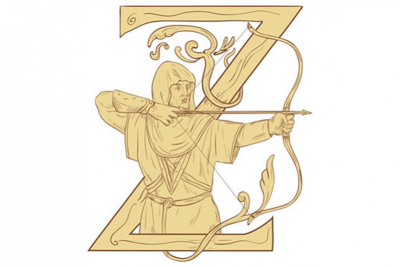 Medieval Archer Aiming Bow and Arrow Letter Z Drawing example image 1