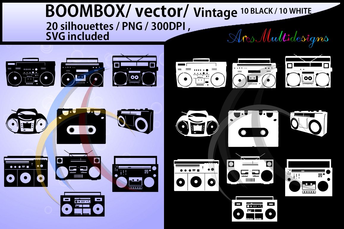 Boombox silhouette svg / 10B + 10W Boombox / Boombox digital clipart / vintage silhouette / SVG / tape recorder / vector example image 1
