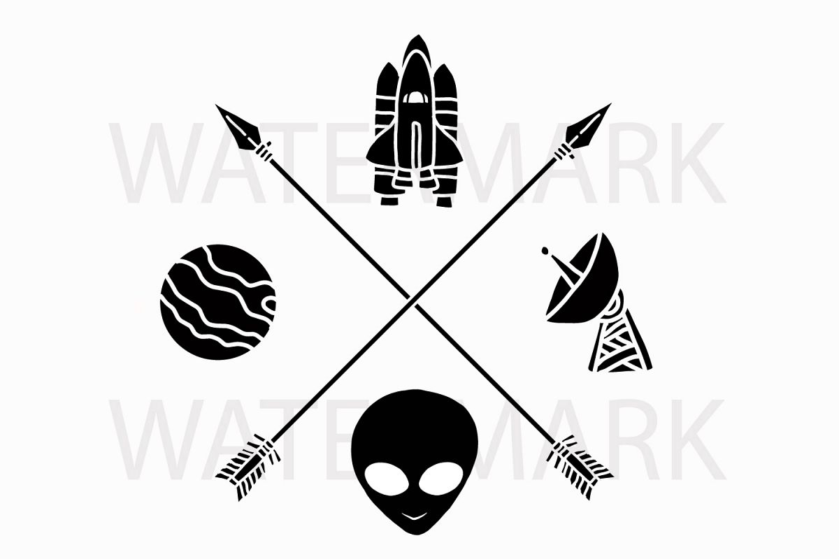 Two Arrow with Spaceship Planet Radio Station and Alien head - SVG/JPG/PNG Hand Drawing example image 1