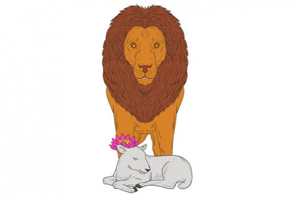 Lion Standing Over Lamb Lotus Flower Drawing example image 1