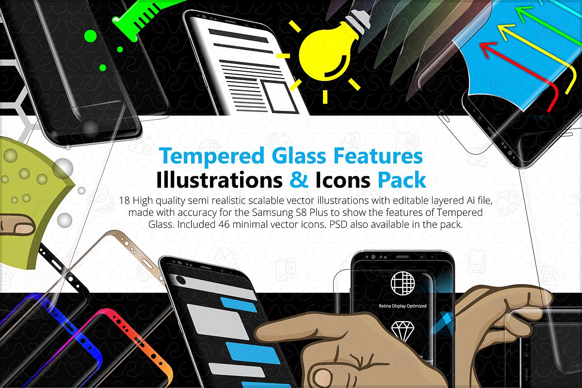 Tempered Glass Features Illustrations & Icons Pack example image 1