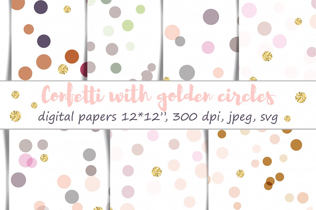 Confetti with golden circles Digital Paper : 7 festive patterns, 12 by 12 inch, jpeg and svg, 300 dpi, pastel colors with faux gold elements example image 1