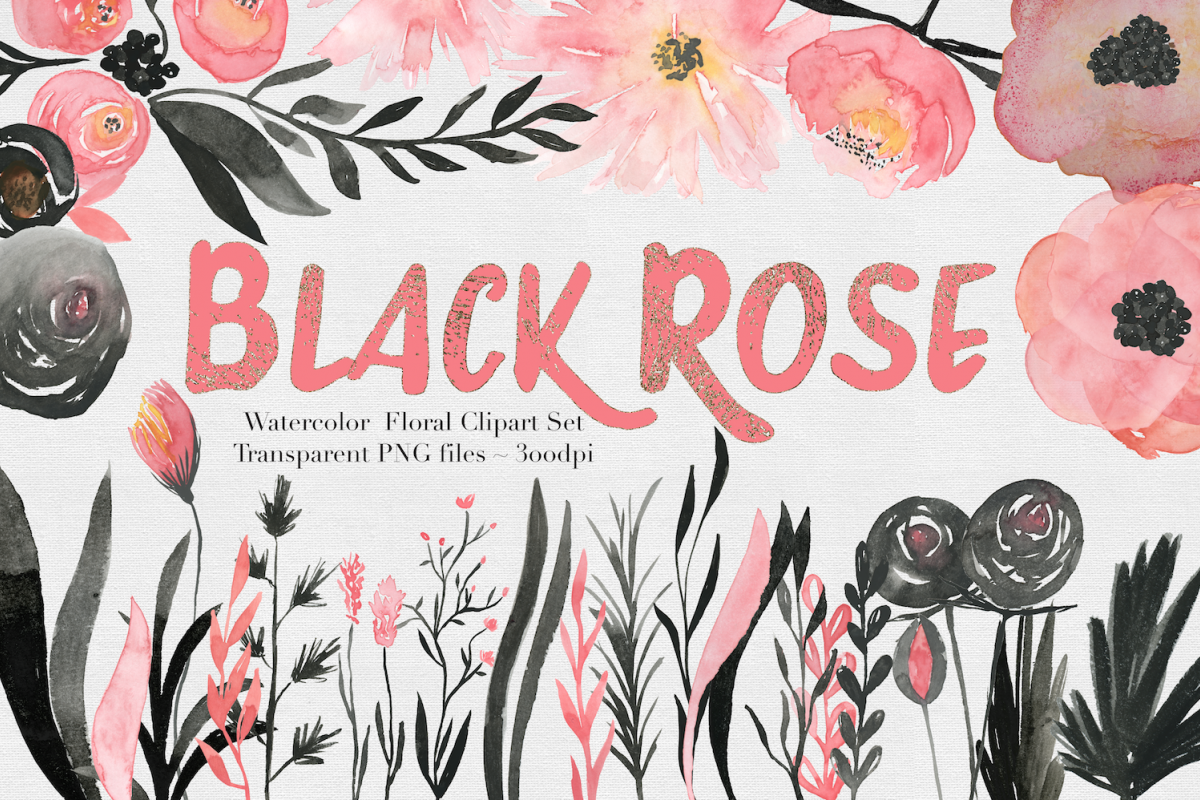 Black & Pink Rose Watercolor Set example image 1