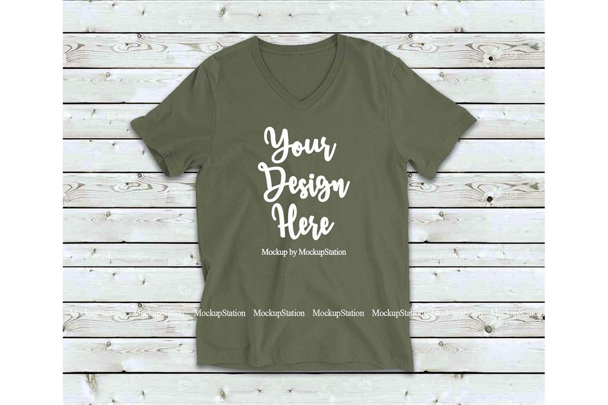 Military Green Shirt Mock Up, Bella Canvas 3005 V-Neck Tee example image 1