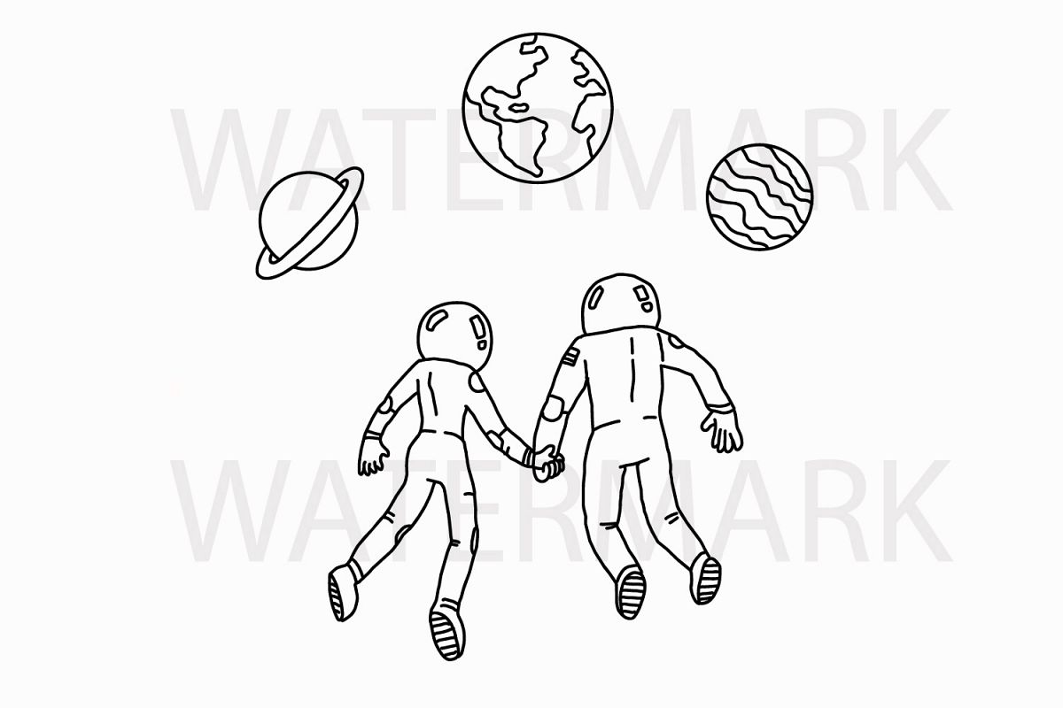 Romantic Astronaut Couple in the space - SVG/JPG/PNG Hand Drawing example image 1