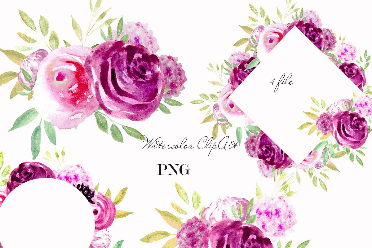 Rose Watercolor Clipart Pink Purple example image 1