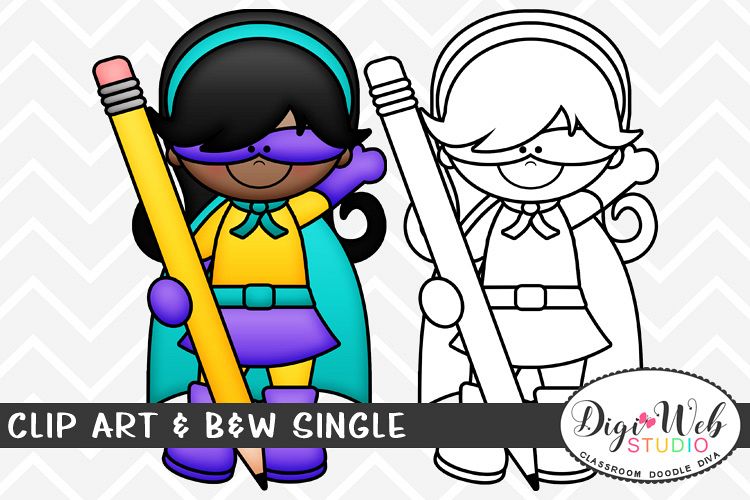 Clip Art & B&W Single - Superhero Girl w/ A Large Pencil example image 1