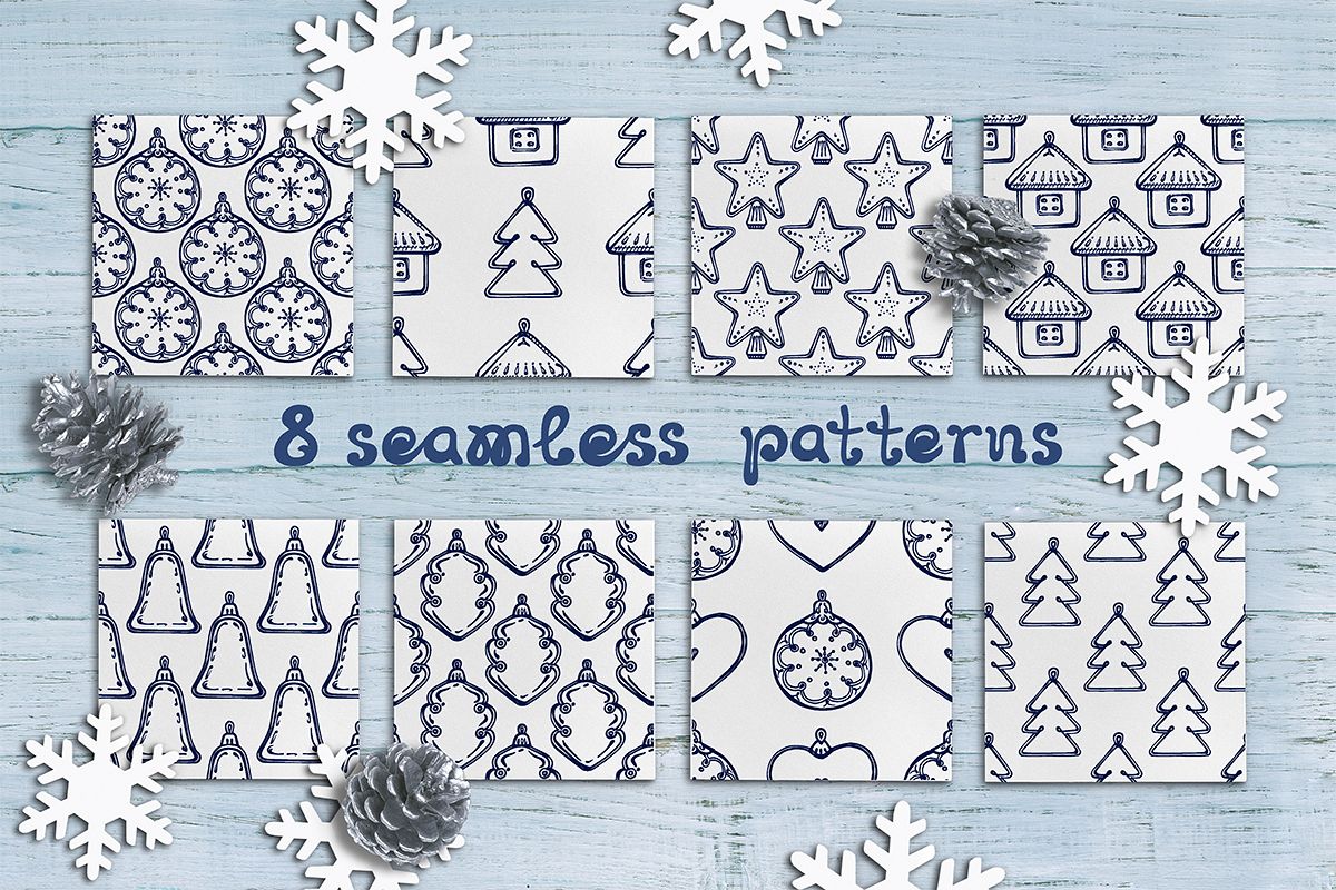 8 hand drawn seamless patterns with Christmas decorations example image 1