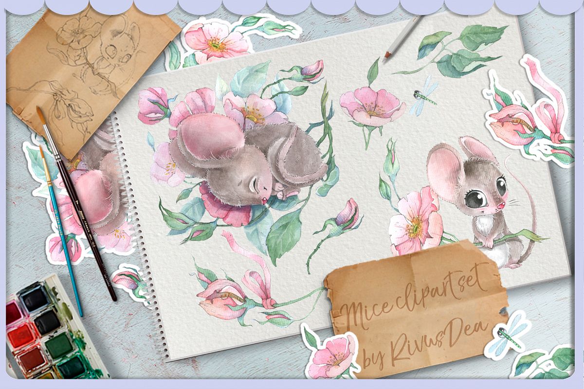 Watercolor mouse and wild roses digital clipart set baby ani example image 1