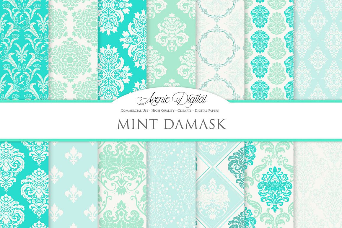 28 Mint Damask Patterns - Wedding Seamless Digital Papers Bundle example image 1