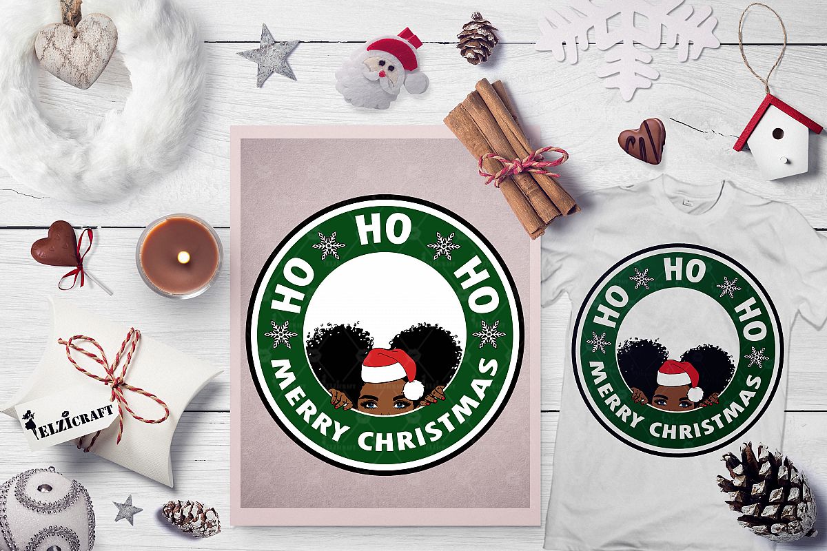 Ho ho ho Merry Christmas, Cute Afro Girl Peeking, Santa SVG example image 1
