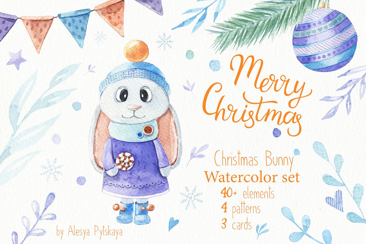 Christmas Bunny - Watercolor set example image 1