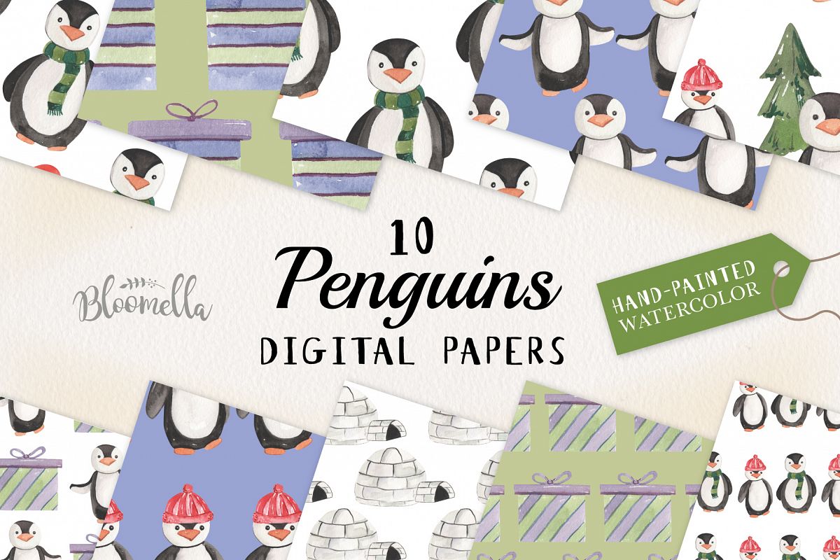 Penguins Seamless Patterns Digital Papers Winter Festive example image 1