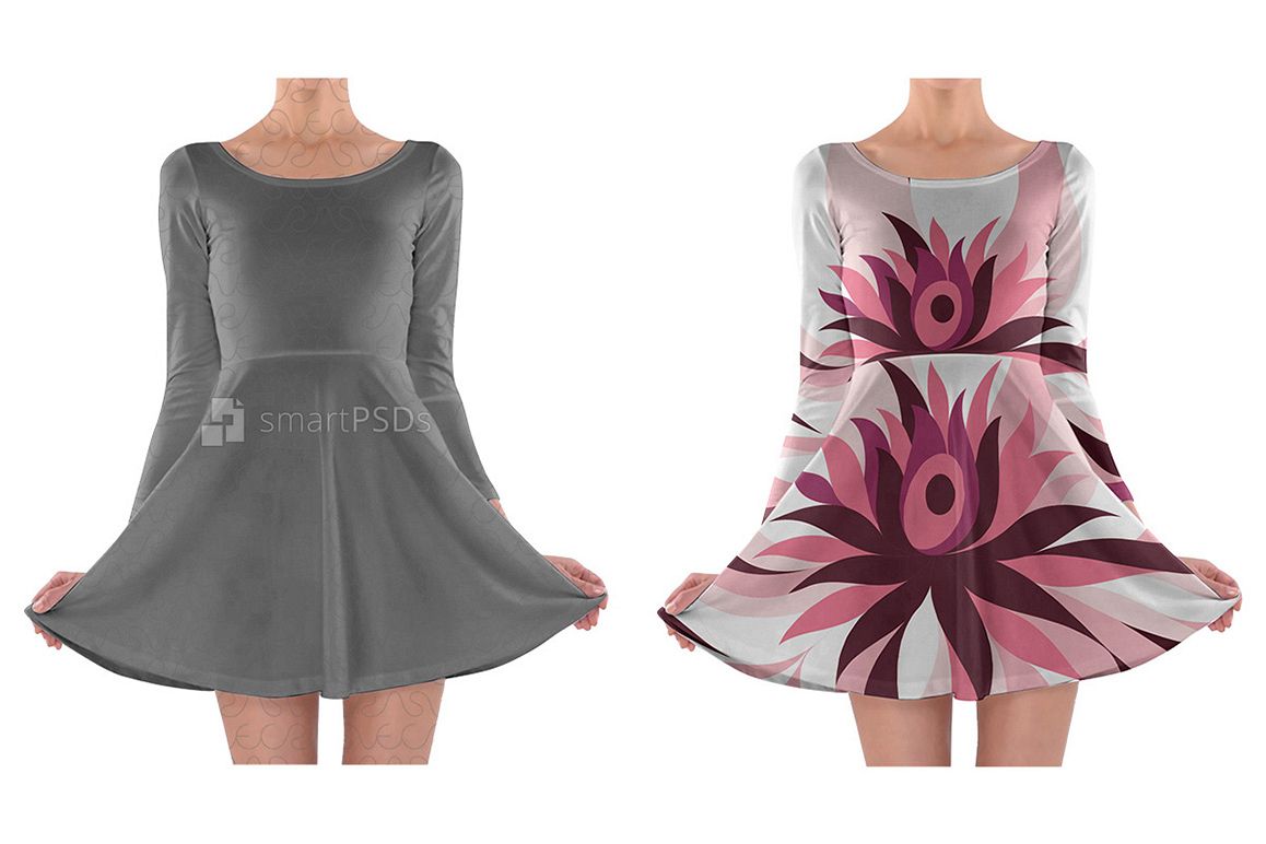 Long Sleeve Skater Dress Design Mockup for Sublimation Printing - 2 Views example image 1