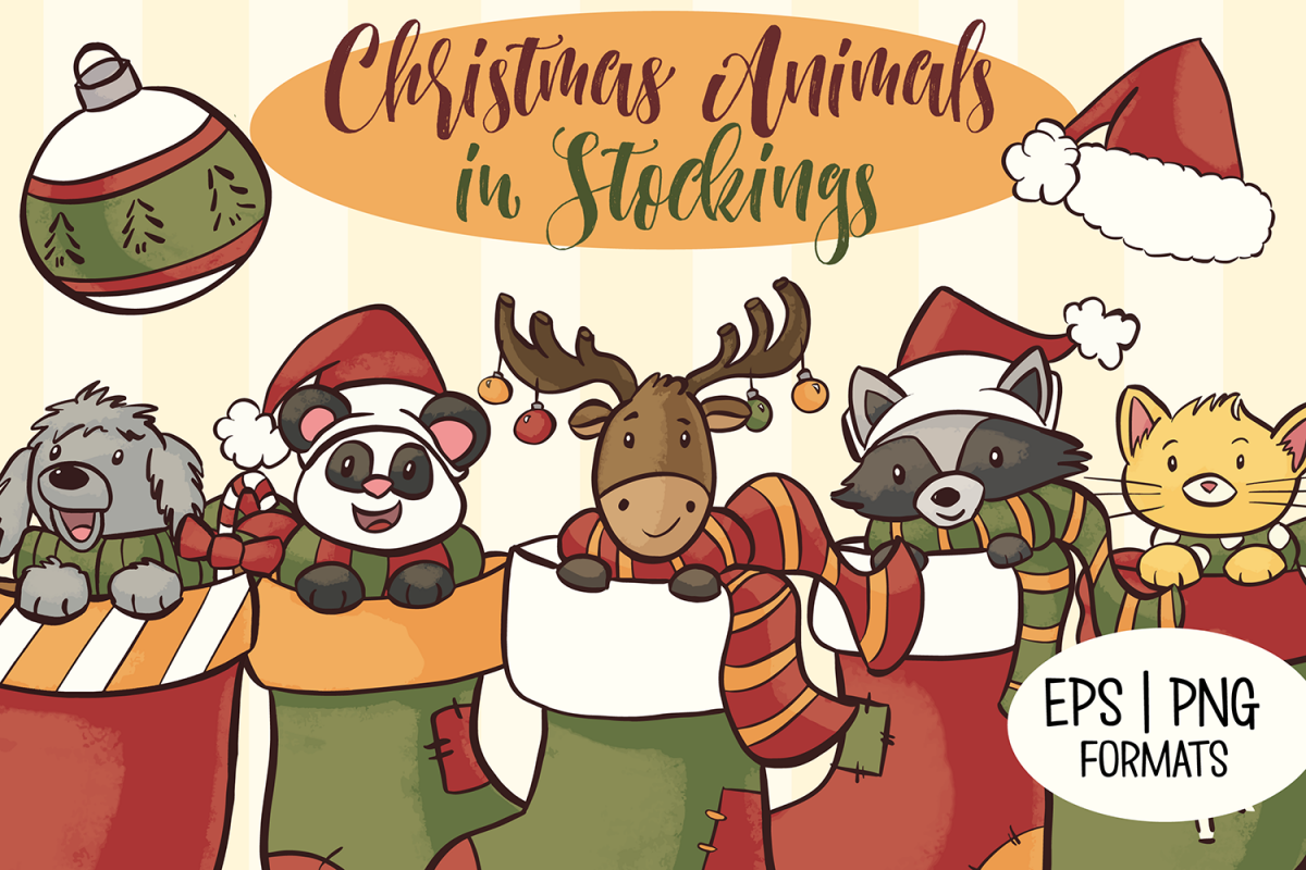 Cute Animals In Christmas Stocking Illustrations example image 1