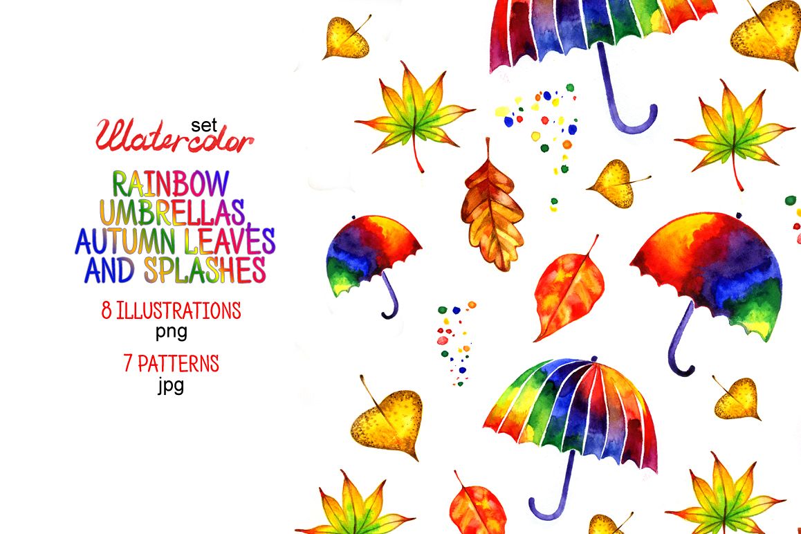 Watercolor autumn rainbow umbrellas. example image 1