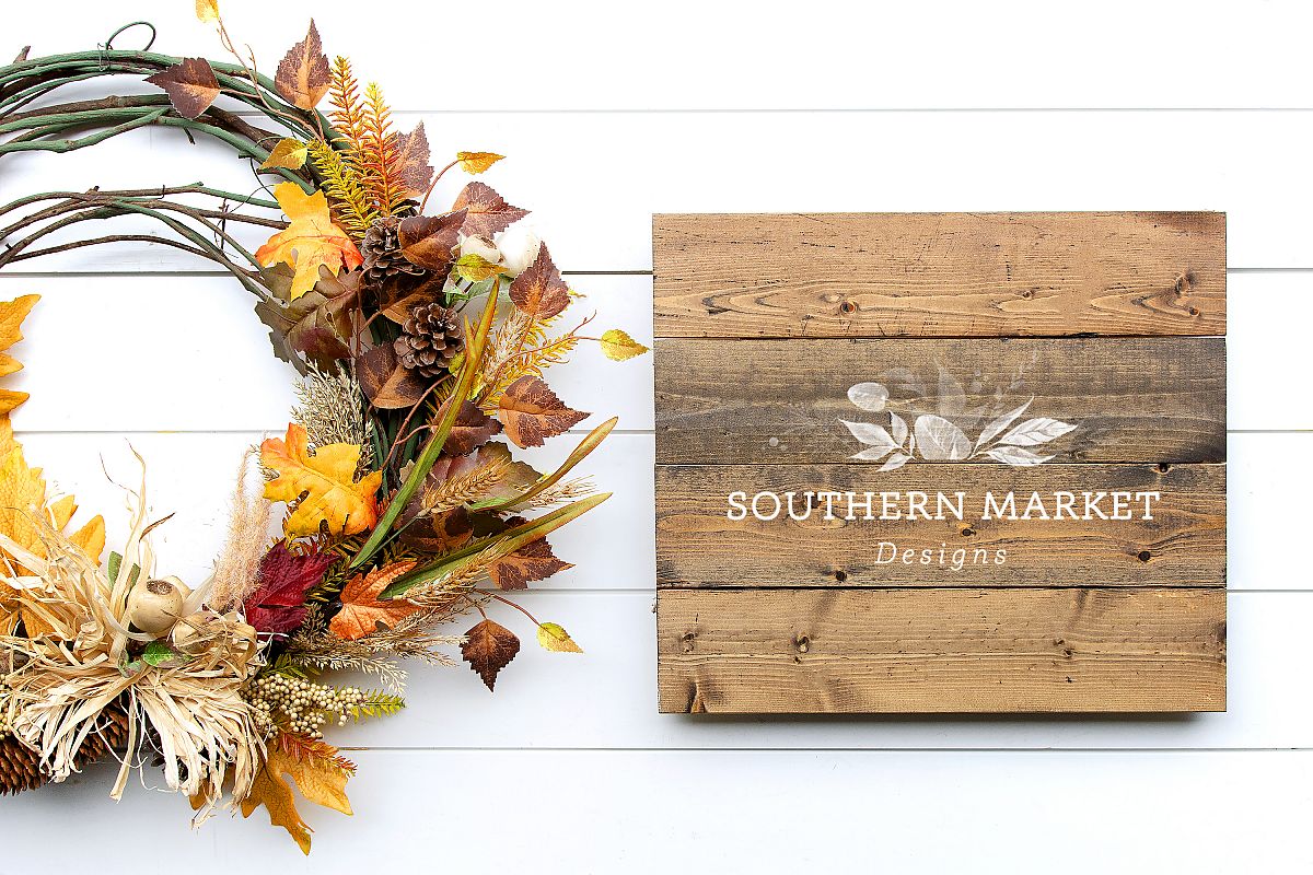Fall Stained Pallet Wood Sign Mock Up Stock Photo example image 1