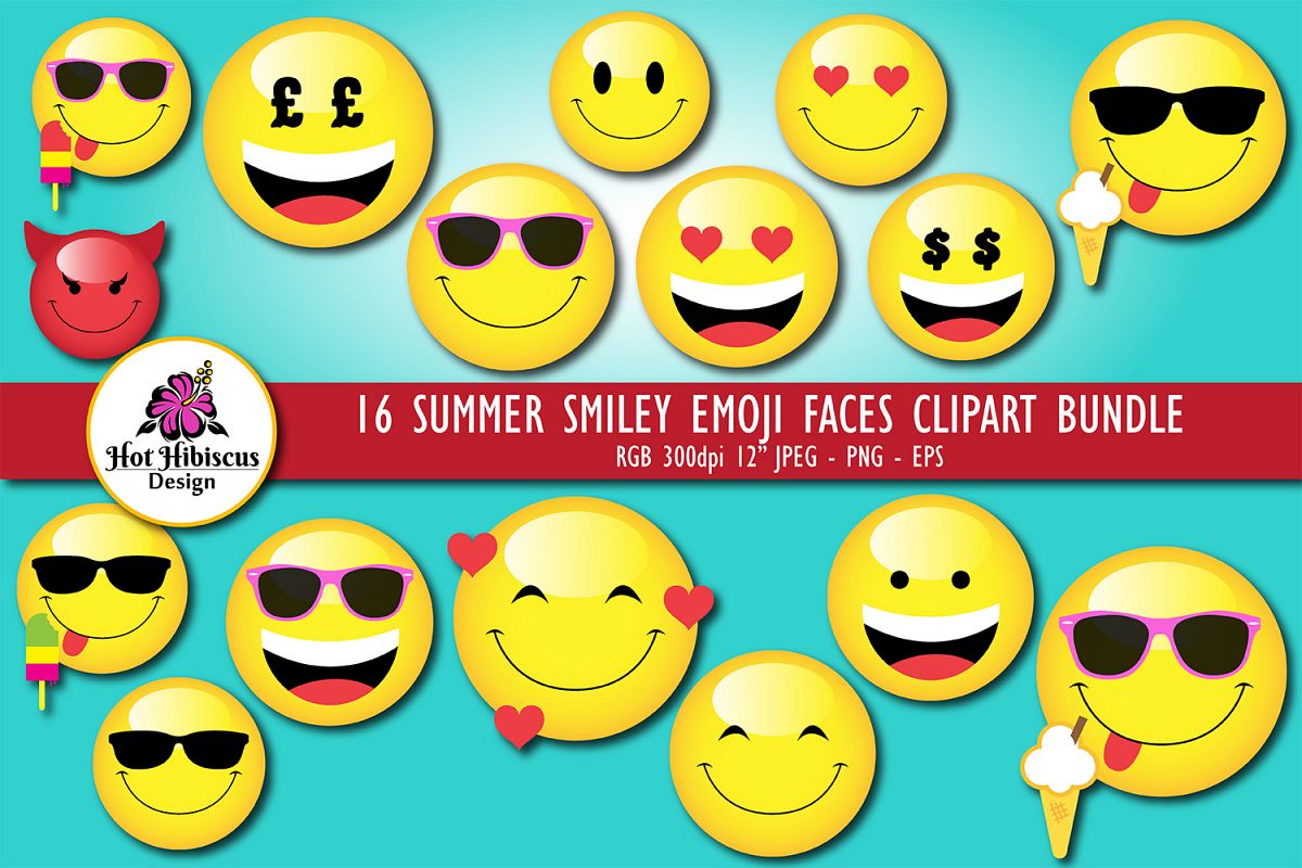 Summer Smiley Emoji Faces Graphic Clipart Bundle example image 1