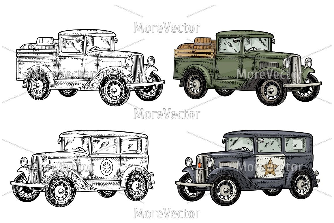 Retro police car sedan with sheriff star and pickup truck with wood barrel example image 1