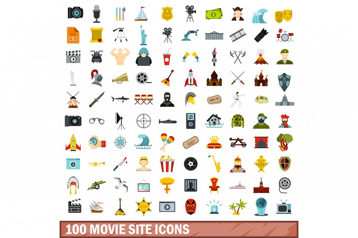 100 movie site icons set, flat style example image 1