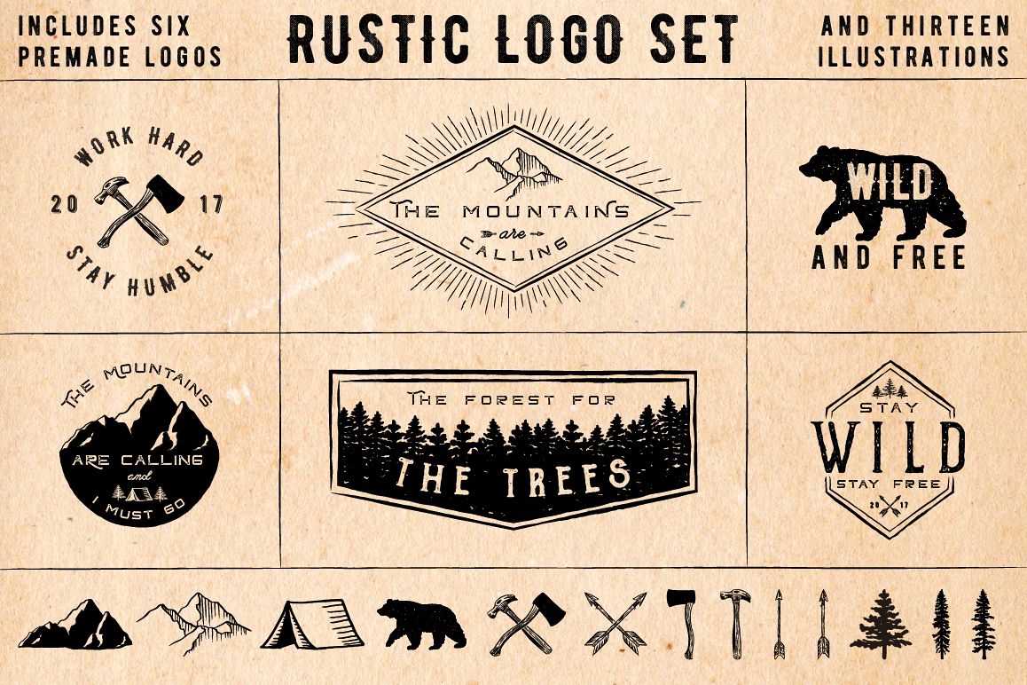 Rustic Logos & Illustrations vol. 1 AI PNG (81773) Logos Design Bundles