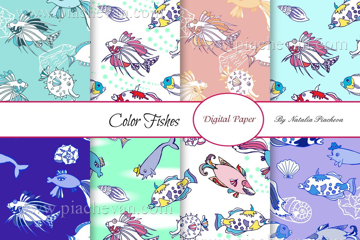 Digital Paper with Color Fishes example image 1