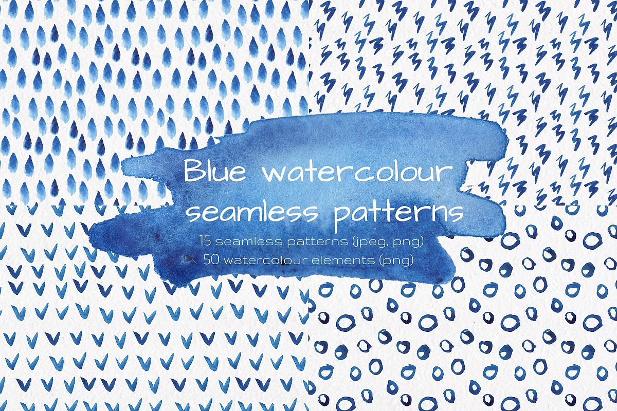 Blue watercolour seamless patterns set. example image 1