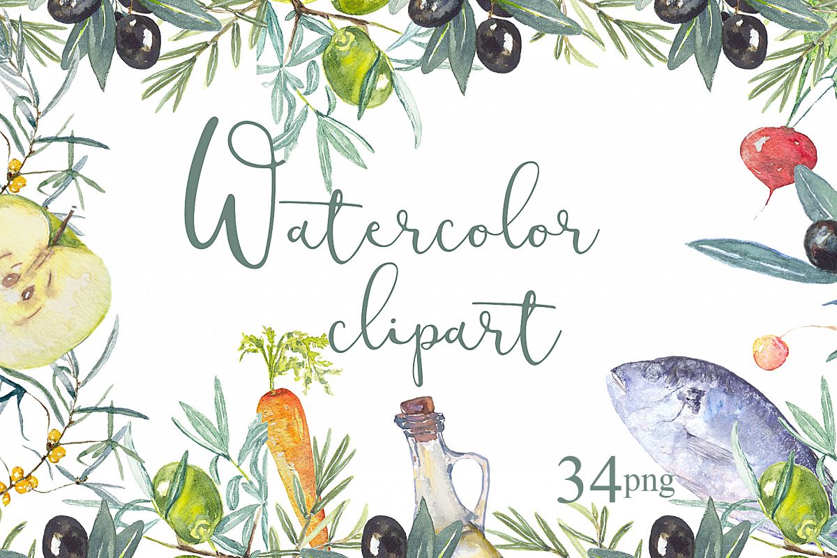 Fruit vegetables food watercolor example image 1