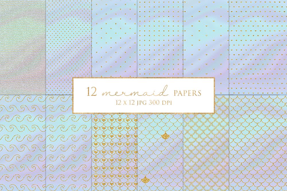 12 Gold Glitter Mermaid Digital Paper Pack example image 1