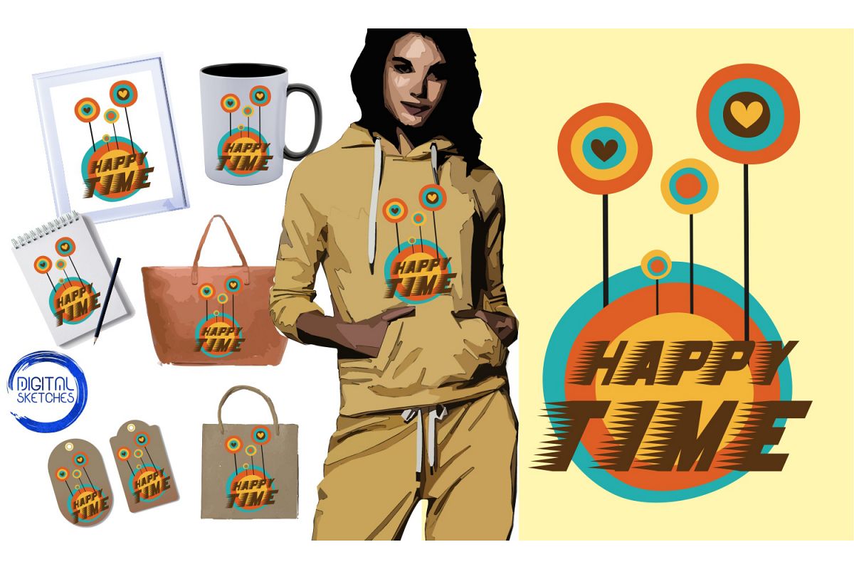 Saying Happy Time Retro Flowers Quote Cut File Vector example image 1