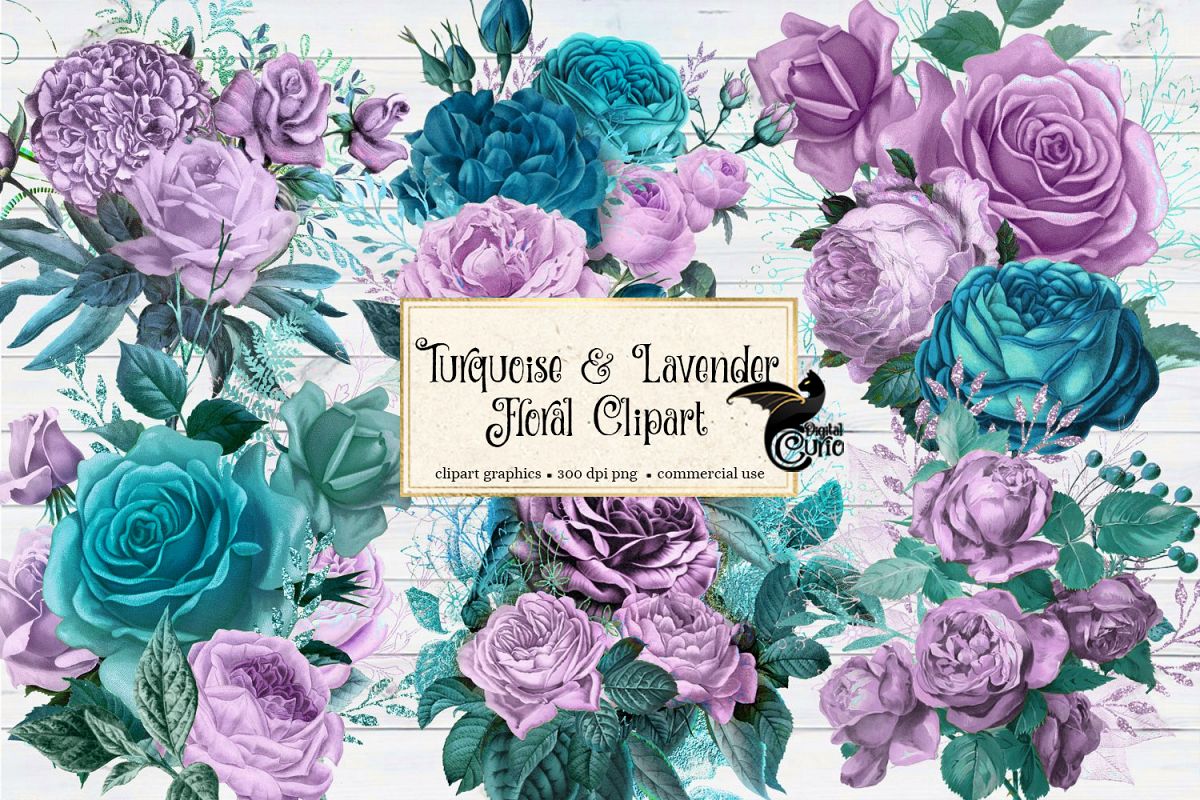 Turquoise and Lavender Floral Clipart (255909) | Illustrations | Design ...