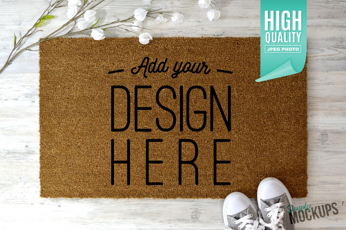 Coir Doormat Mockup With Flowers & Shoes (158477) | Mock Ups | Design Bundles