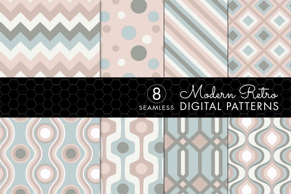 8 Seamless Retro Modern Patterns - Pink, Ivory & Green example image 1