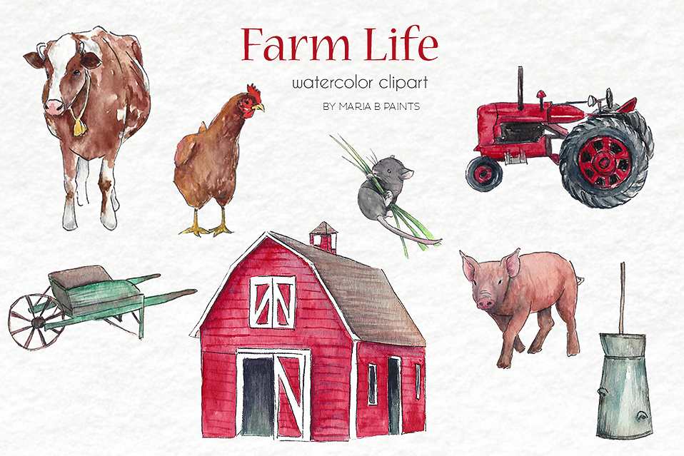 Download Watercolor Farm Clip Art Set (81180) | Illustrations ...